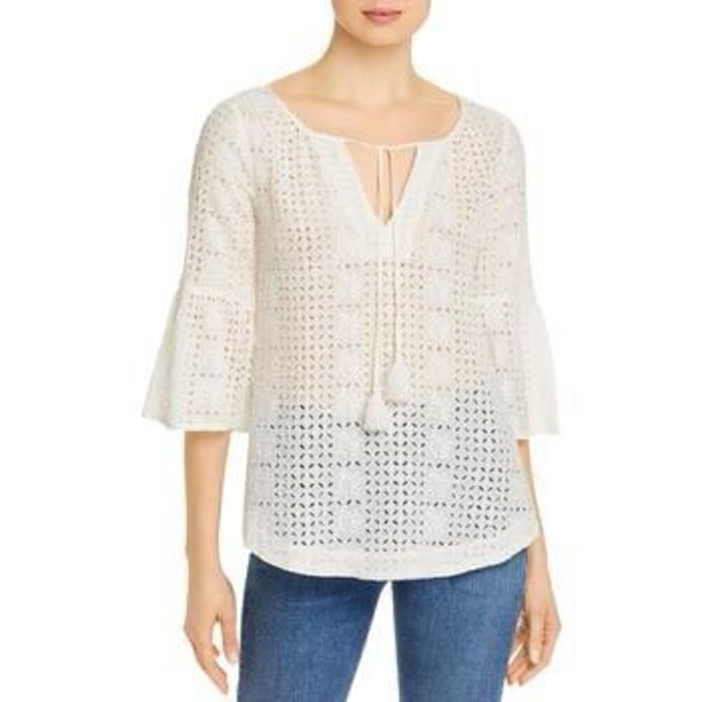 Johnny Was White Eyelet Blouse with Bell Sleeves Size XS